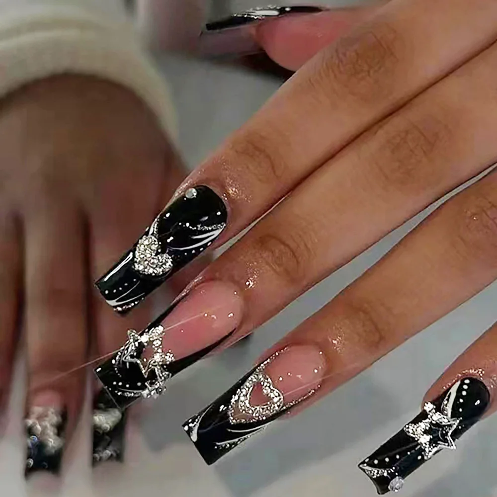 Mix Design Fake Nail With Luxury Hexagon Pattern Medium-long Oval Glitter False Nail Tip