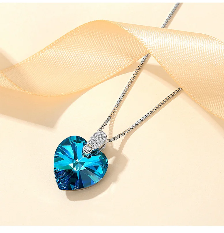 Gold&Silver Island 100% Real S925 Sterling Silver Pendant Blue Gem Heart Stone for Women with Box Chain 14*18mm HOYON