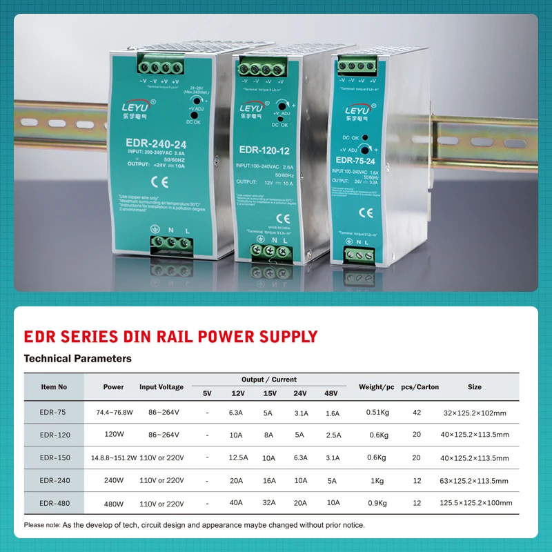 LEYU NDR EDR HDR MDR Power Supply 12V 24V 48V 75W 120W 240W 480W Din Rail Switching Power Supply For Industrial Control System