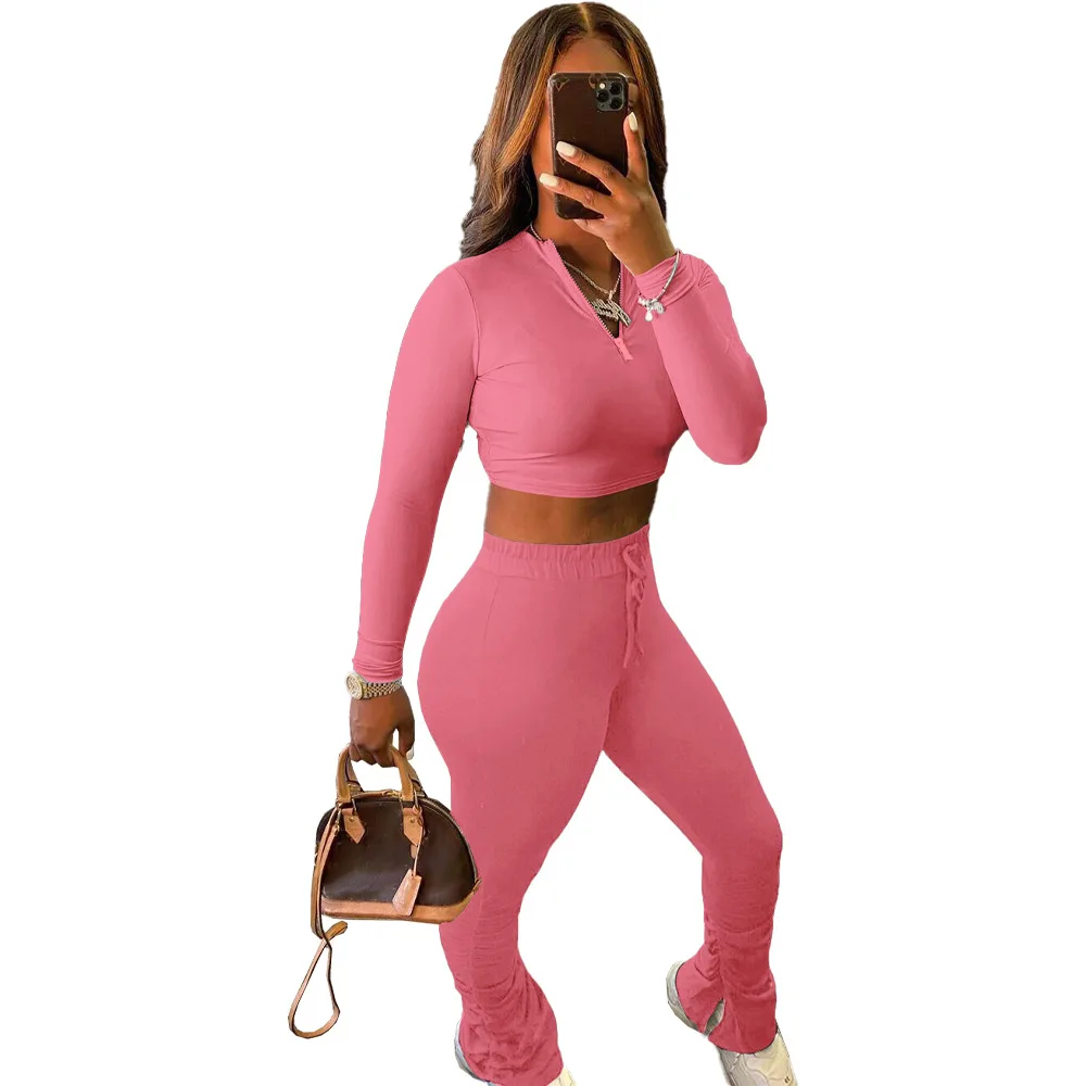 
2021 Custom logo sexy 2 two piece pants set outfit women clothing stacked sweatpants joggers leggings for women 