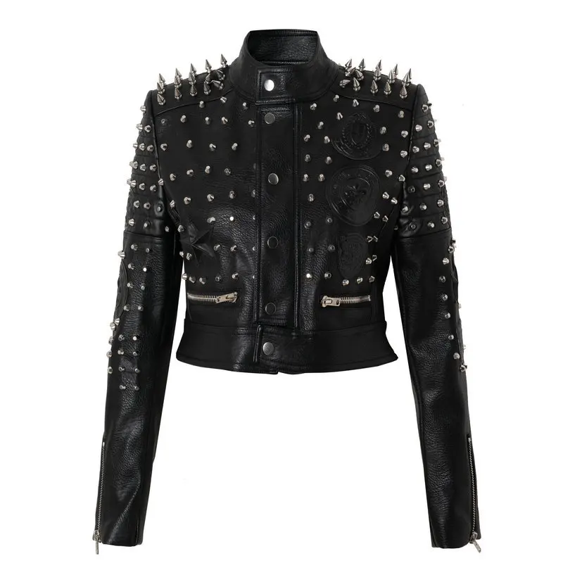 2023 High quality vintage woman crop top racing leather jackets studded biker jacket