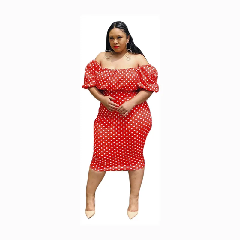 2021 summer Europe and the United States red spot printing lantern sleeve large sexy one-word shoulder fashion one-step skirt