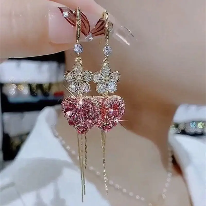 Diamond Flower Heart Ear Hooks Earring Jewelry Luxury Bling Rhinestone Crystal Chain Dangle Long Tassel Earrings for Women Girls