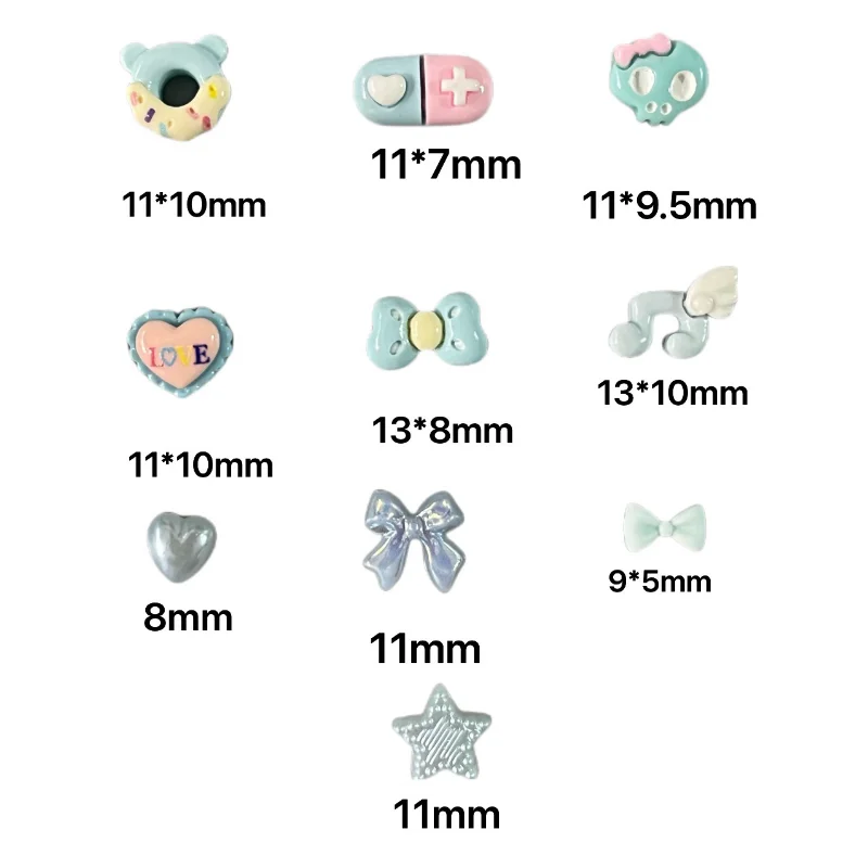 50Pcs Mix Kawaii Spring Fresh Green Frog Bow Hollow Pearl Heart Five Pointed Star Skull Bow Doughnut Nail Art Decoration Charms