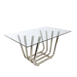 Modern New Design Home Dining Room Furniture Big Tempered Glass Top Stainless Steel Base Rectangle Dining Tables And Chairs Sets