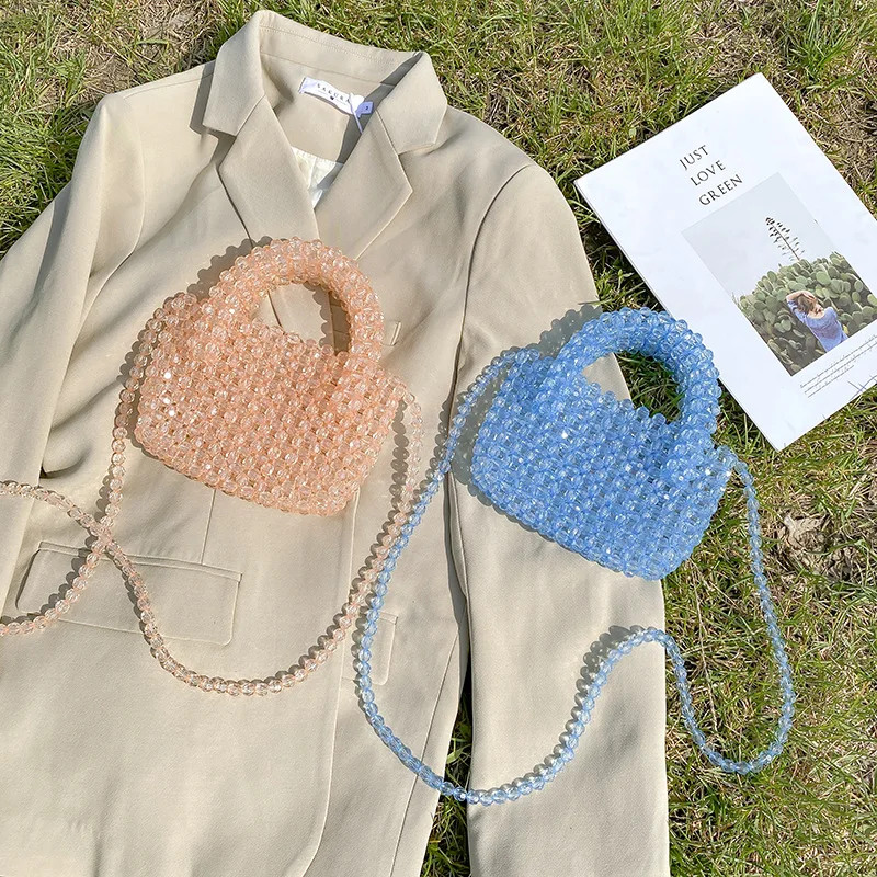Diy Hand woven colorful beads bag women transparent crystal beaded bag handbag