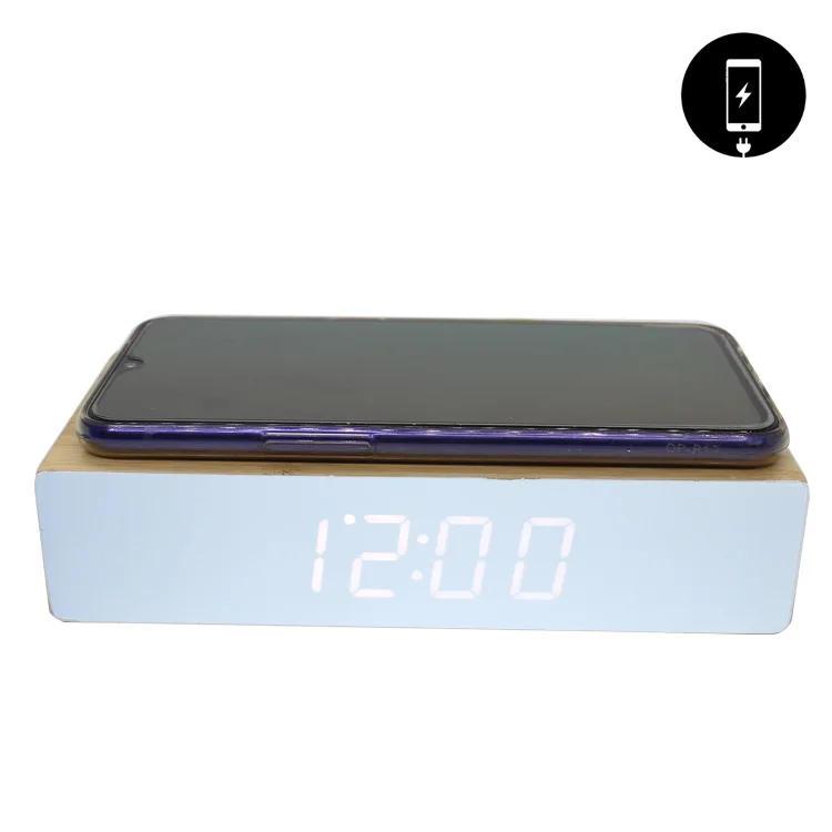 Wooden home office desktop creative mobile phone wireless charging LED electronic alarm clock