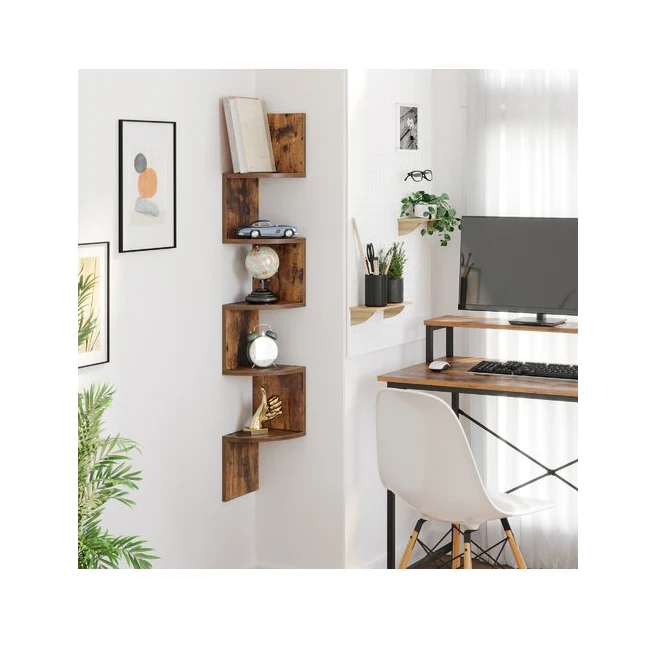 Rustic 5 Tier Wooden Zig Zag Corner Wall Shelf Floating Corner Bookshelf For Living Room