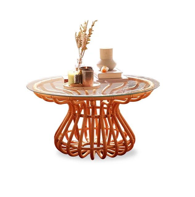 Indonesian natural rattan cane glass round coffee tea table