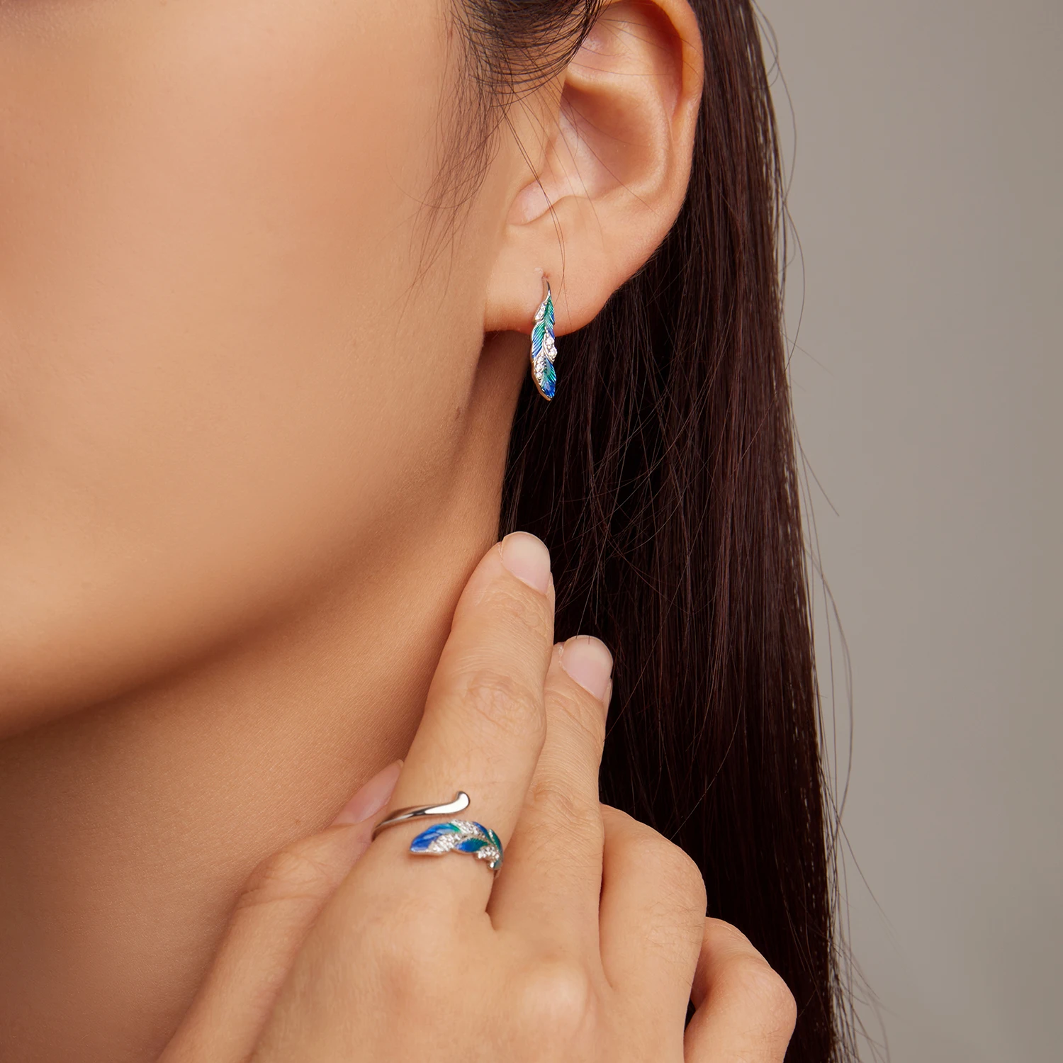 SHIERO White Gold Plated New Designer Enamel Feather Open Ring and Feather Drop Earrings Jewelry Sets 925 Sterling Silver