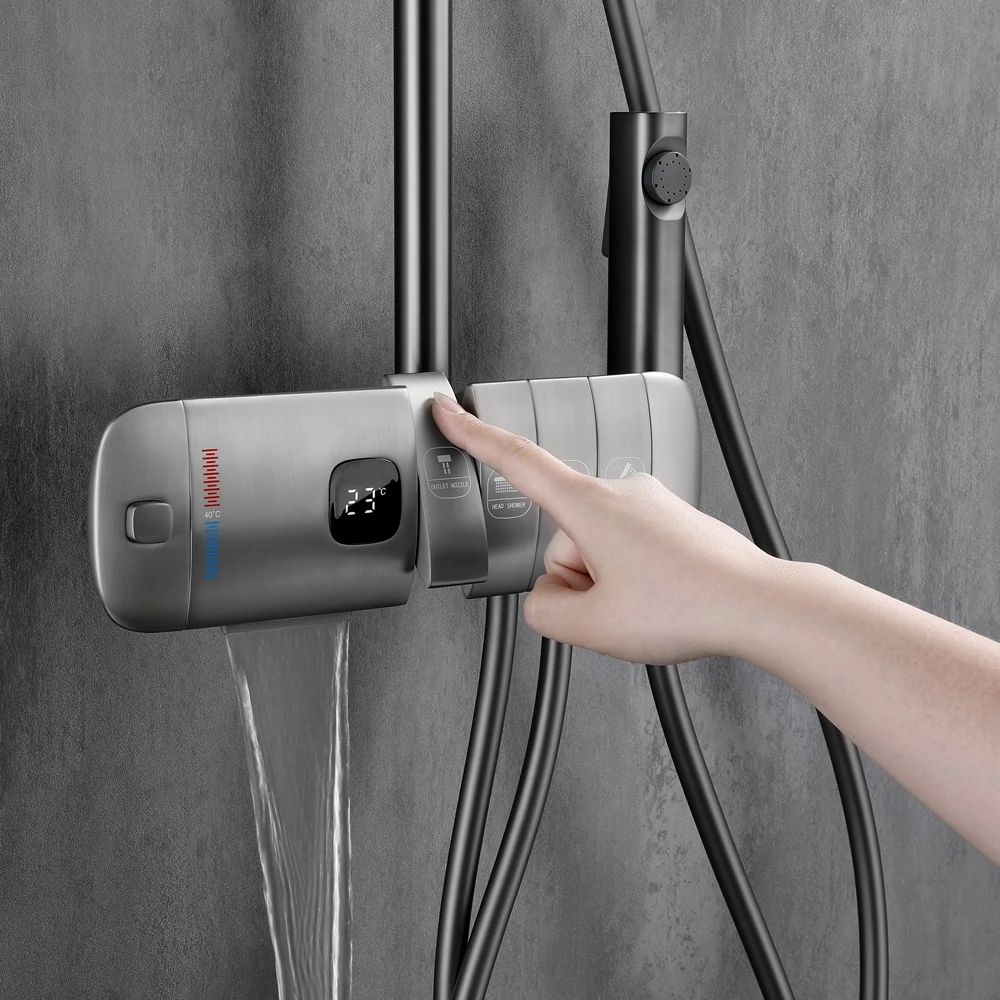 Hot sales piano style new design push button control 4 functions gun metal grey shower set with temperature show