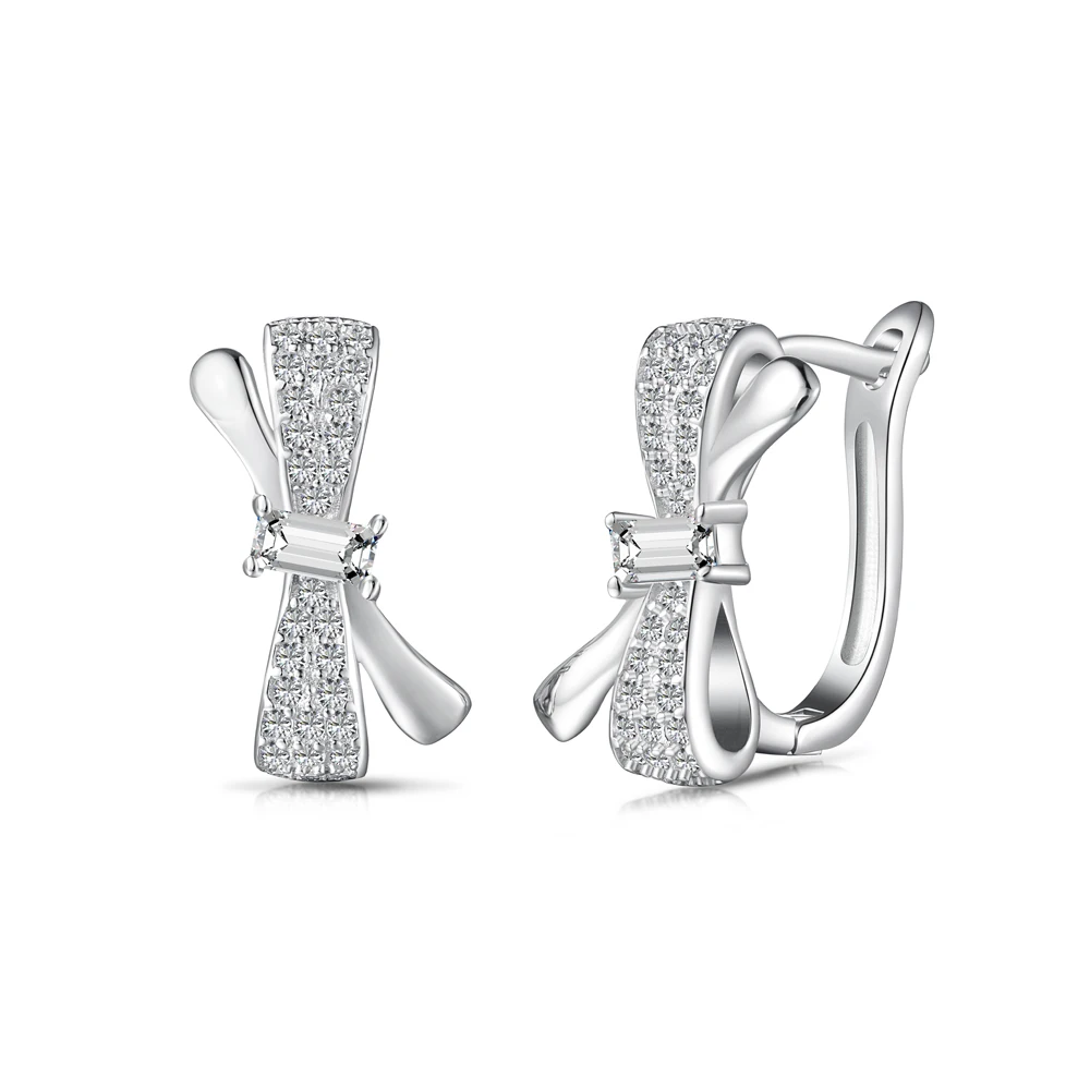 Dylam Dainty Beauty S925 Silver Fine Jewelry Hypoallergenic Rhodium Plated Diamond 5A Cubic Zirconia Bow Tine Hoop Earrings