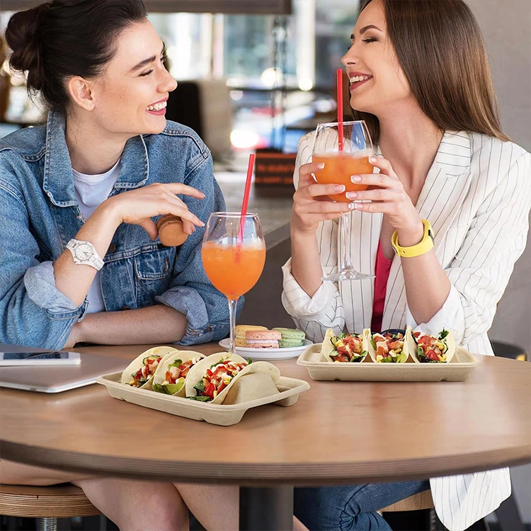 Hot Sale Biodegradable Taco Holder Tray Disposable Sugarcane Pulp Taco Tray for Party supplies