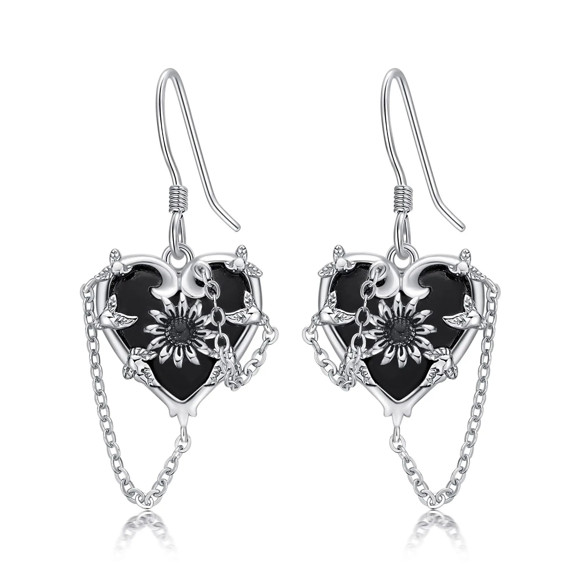Gothic Black Sunflower Heart 925 Sterling Silver Hook Drop Earrings Jewelry for Women