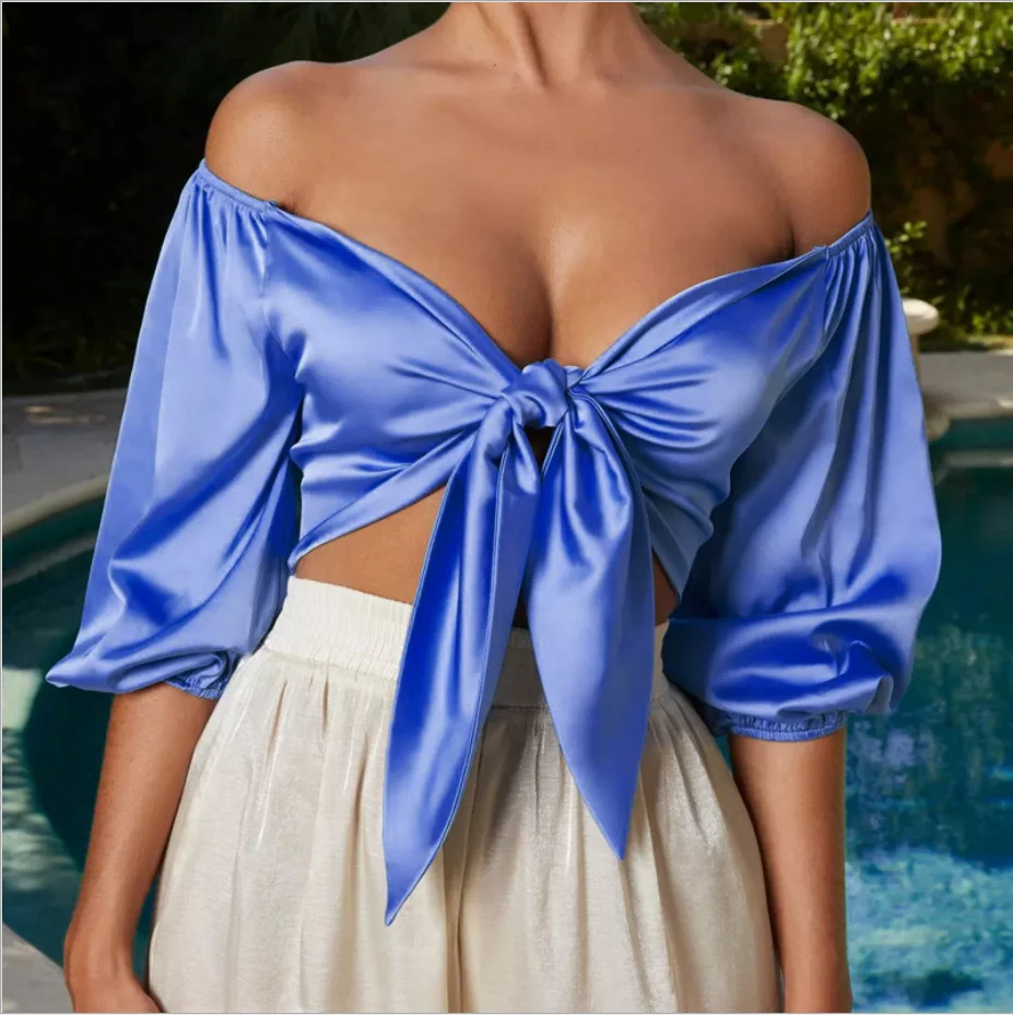 
2021 newest arrived neon color bow half sleeve top hot sale silk crop shirts 