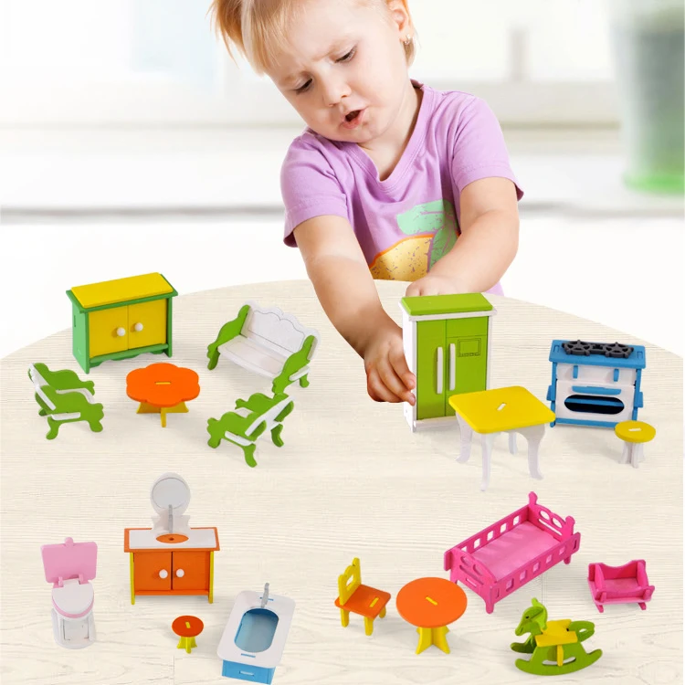 Kids Jigsaw Puzzle Wooden Furniture Educational Pretend Toy Sets with Glue For Children Birthday Gifts Finger Exercise Wood