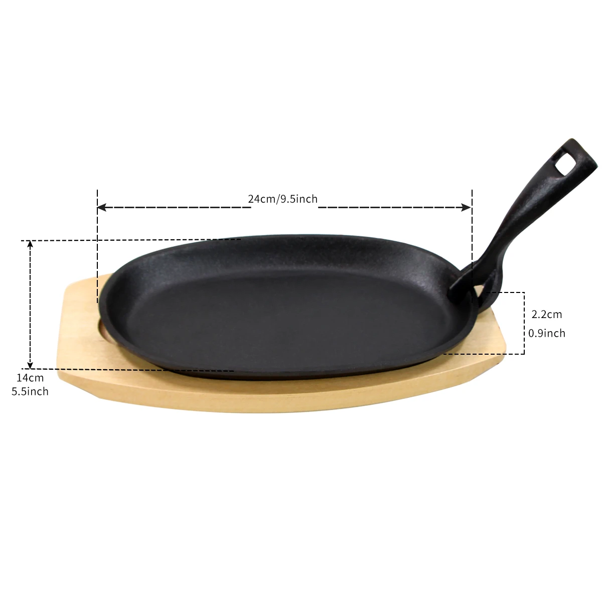 Oval Pre-Seasoned 24x14cm Cast Iron Hot Skillet Plate Sets Non Stick Fry Grill Sizzling Steak Pan with wooden base