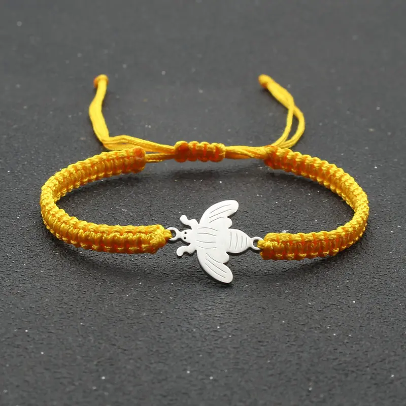 Fashion New stainless steel small bee bracelet hand woven adjustable red rope bracelet flat knot rope for men and women jewelry