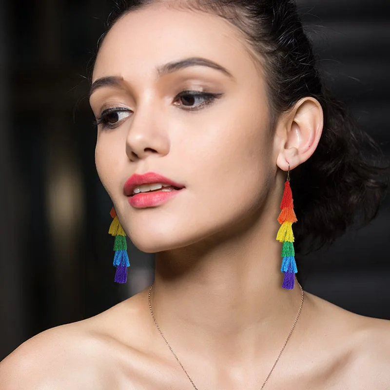 Wholesale Bohemian Resort Style Rainbow Tassel Earrings Handmade Colorful Long Tassel Earrings Unique Gifts For Her