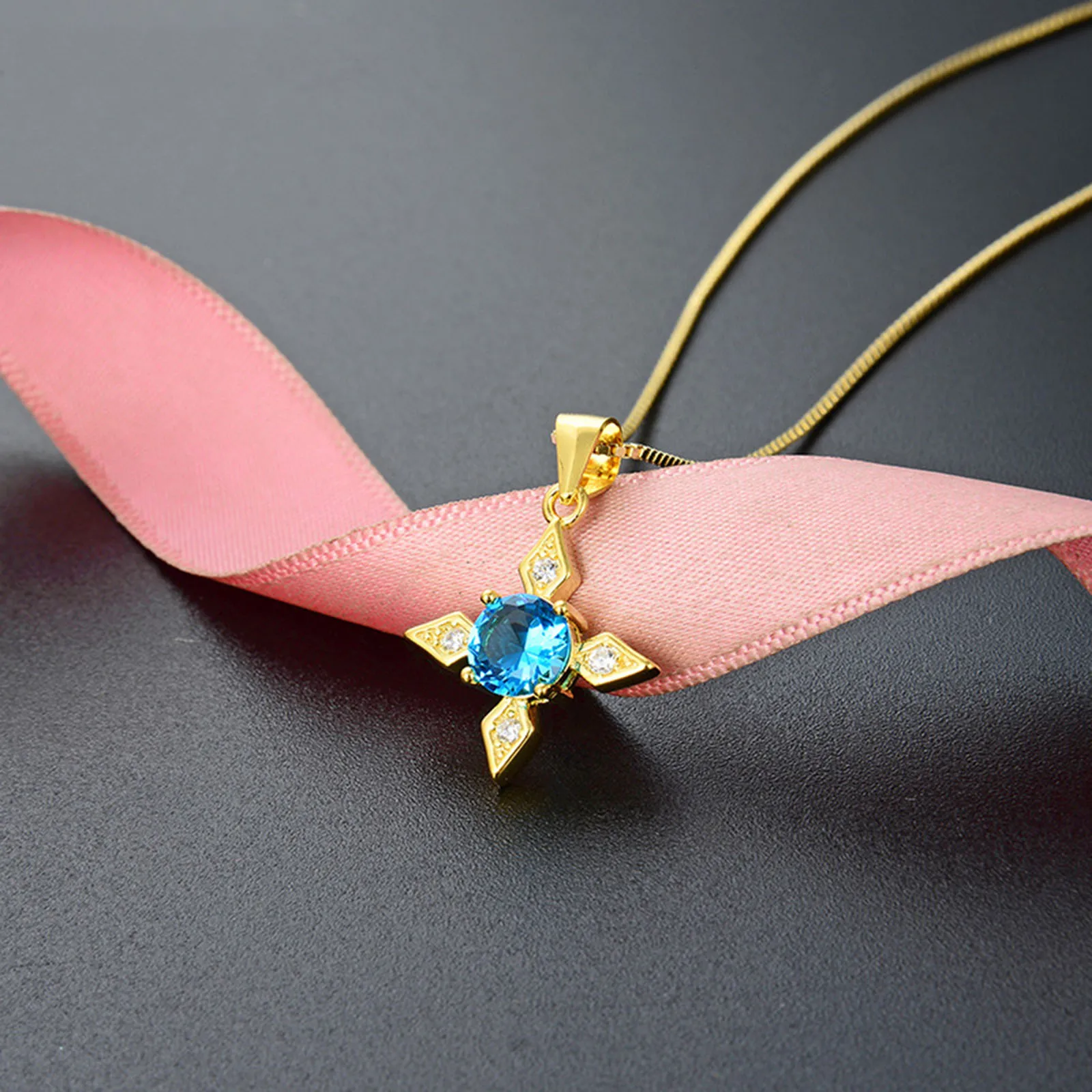 18K Gold Plated Womens Light Blue Zircons Arror Flower Design Pendant