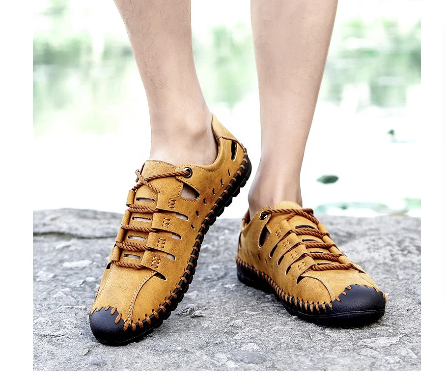 
Hot selling big size real leather protected toe lace-up summer outdoor formal driving leather sandals 