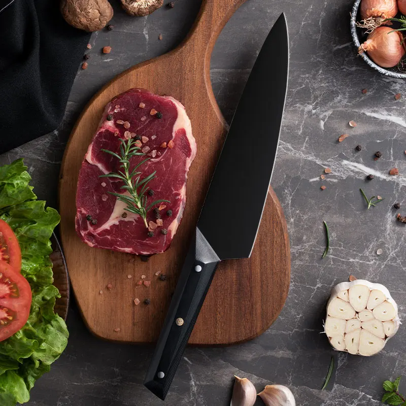Premium 8 inch black titanium nitride non-reflective coating 7Cr17 MOV full tang chef knife with G10 CNC handle