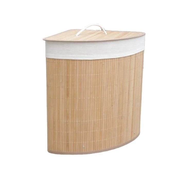 Corner shape design Saving space Folding Natural bamboo dirty laundry basket with lid and liner for home use