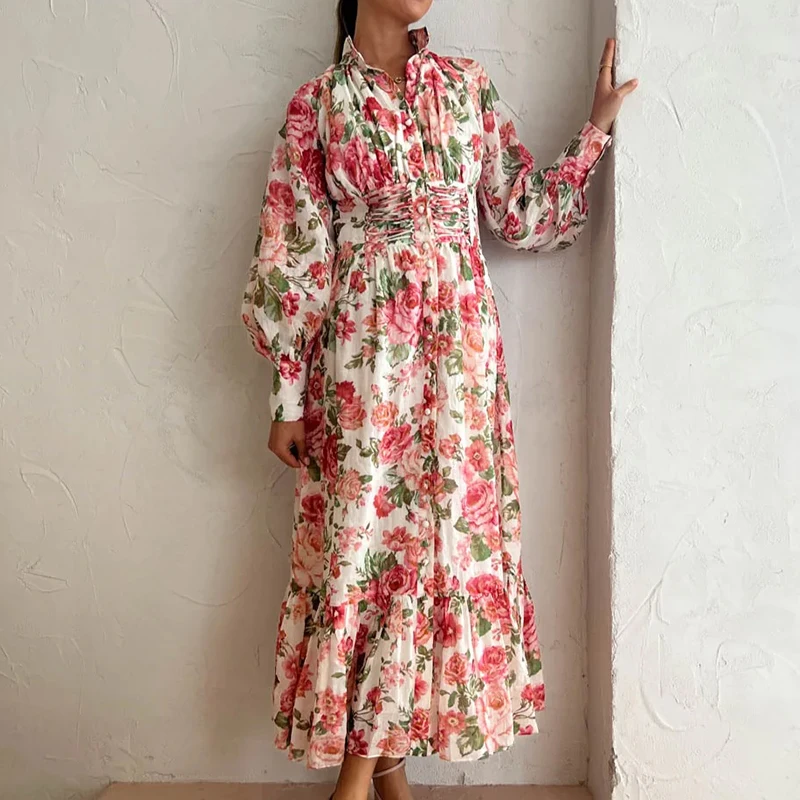 Autumn Floral Print Ruffle Hem Smock Shirt Dress Ladies Bishop Sleeve Maxi Dress Boho Style Round Neck Long Woman Fall Dress