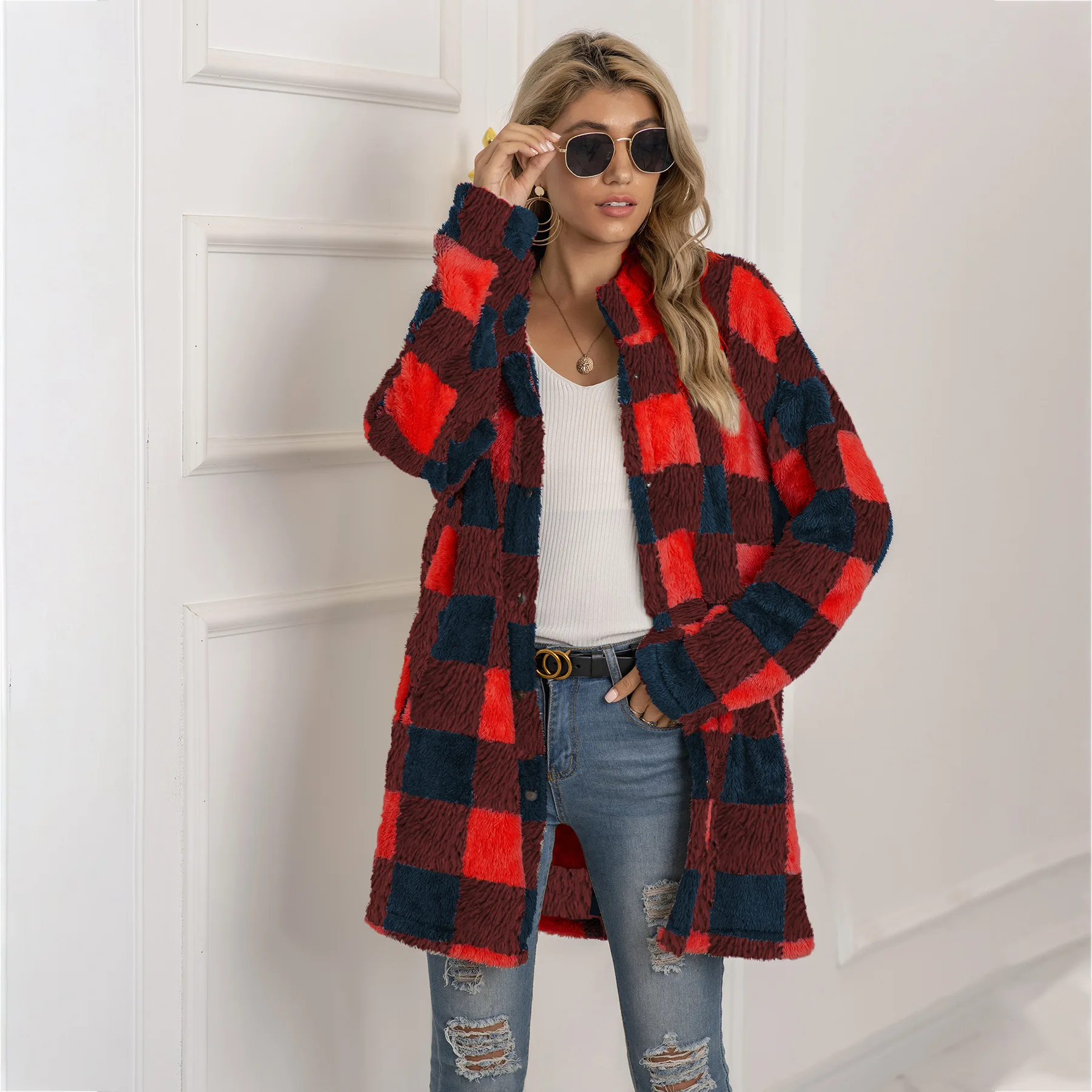 
2021 new Color blocking plaid fluffy long sleeve cardigan jacket coat for women 