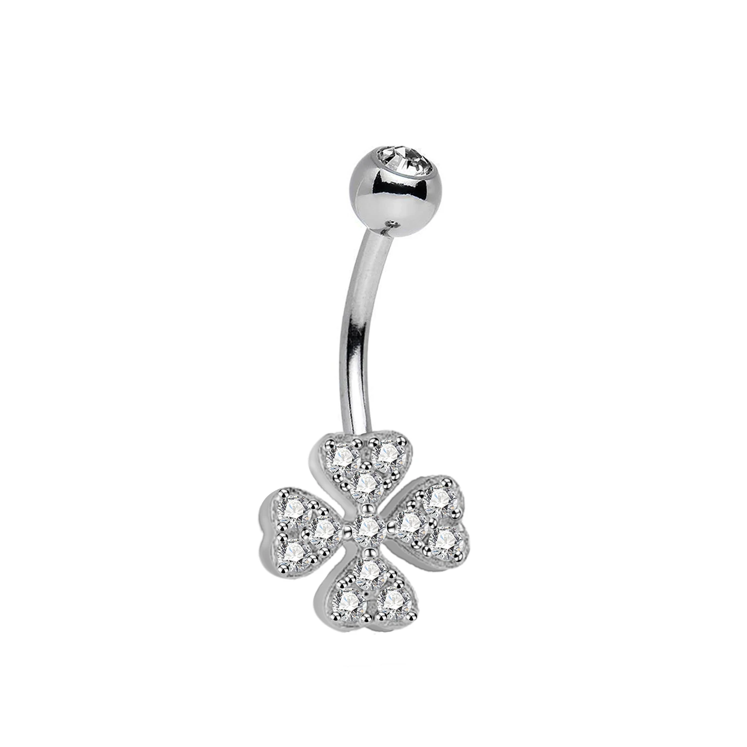 316L stainless steel four-leaf clover flower lock crystal cubic zirconia navel bar belly button ring body piercing jewelry