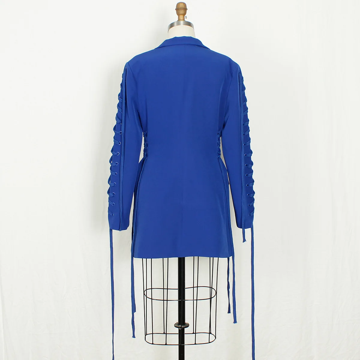Pure Color Single Breasted Suit Blue V Neck Blazer Long Sleeve Ladies Frenulum Bandage Suits dress