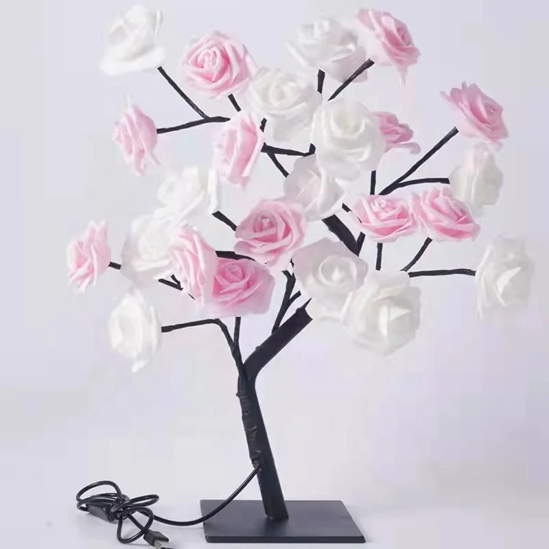 Biumart Hot Sale LED Rose Tree Lamp Romantic Flower Table Lamps Night Light for Wedding Christmas Home Decoration