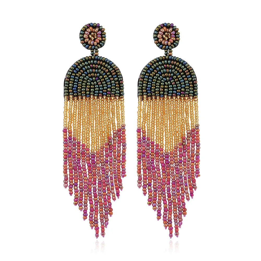 2024 2022 Native American Handmade Bohemia Jewelry Stainless Steel Miyuki Seed Beads Tassel Dangle Hoop Earring Set for Women