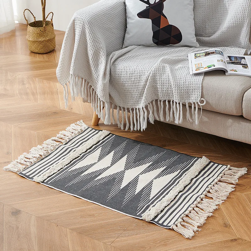 Boho Machine Washable Cotton Woven Tufted Area Rug with Tassels Moroccan Printed Bath Rug Indoor Doormats Entryway Rug
