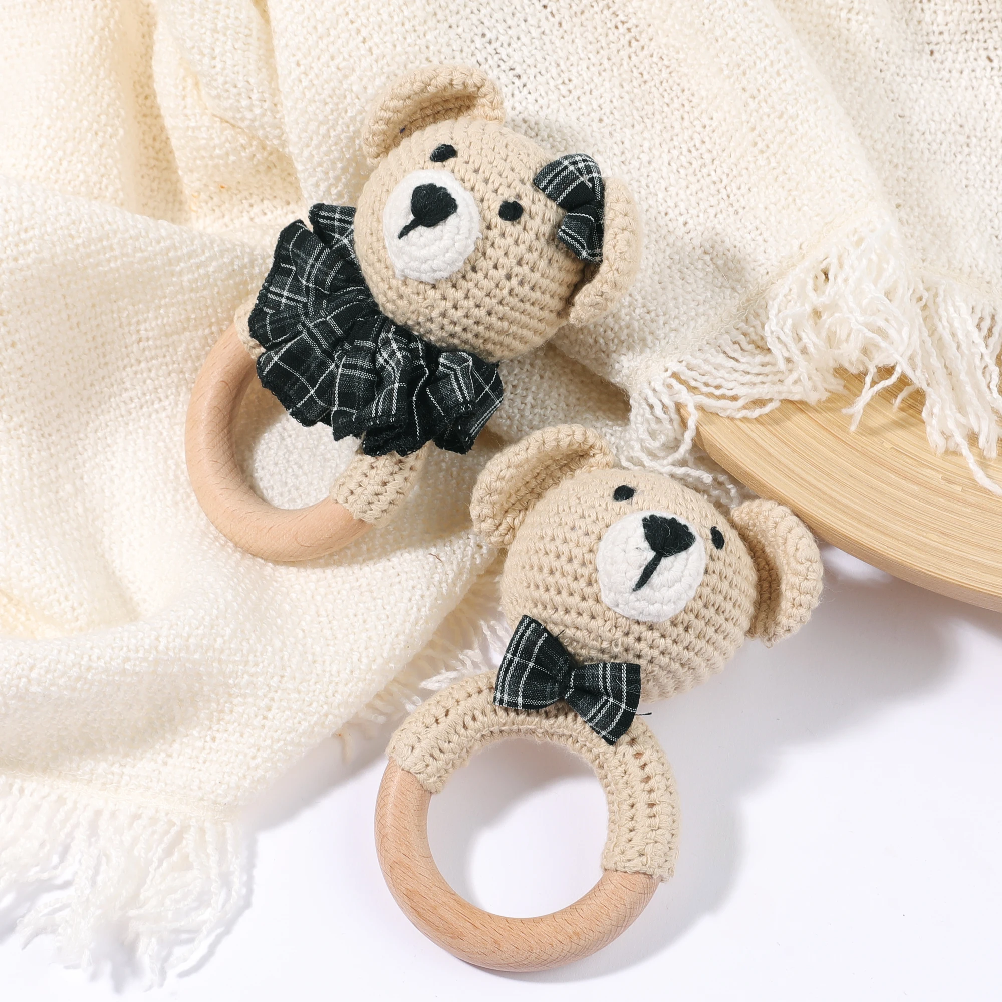 Crochet Toy Rattle for Babies Wooden Rattle Ring for Newborn Gift