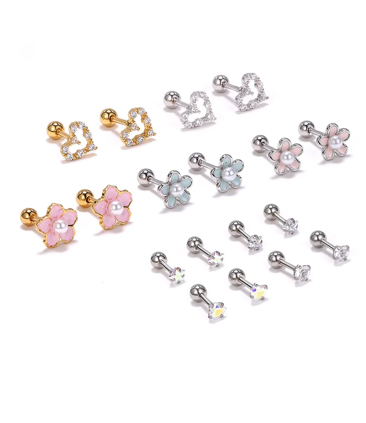 NUORO 1pair Colorful Flower Cartilage Earring Stud Mini Small Tragus Earring for Women Girls Ear Conch Rook Helix Piercing