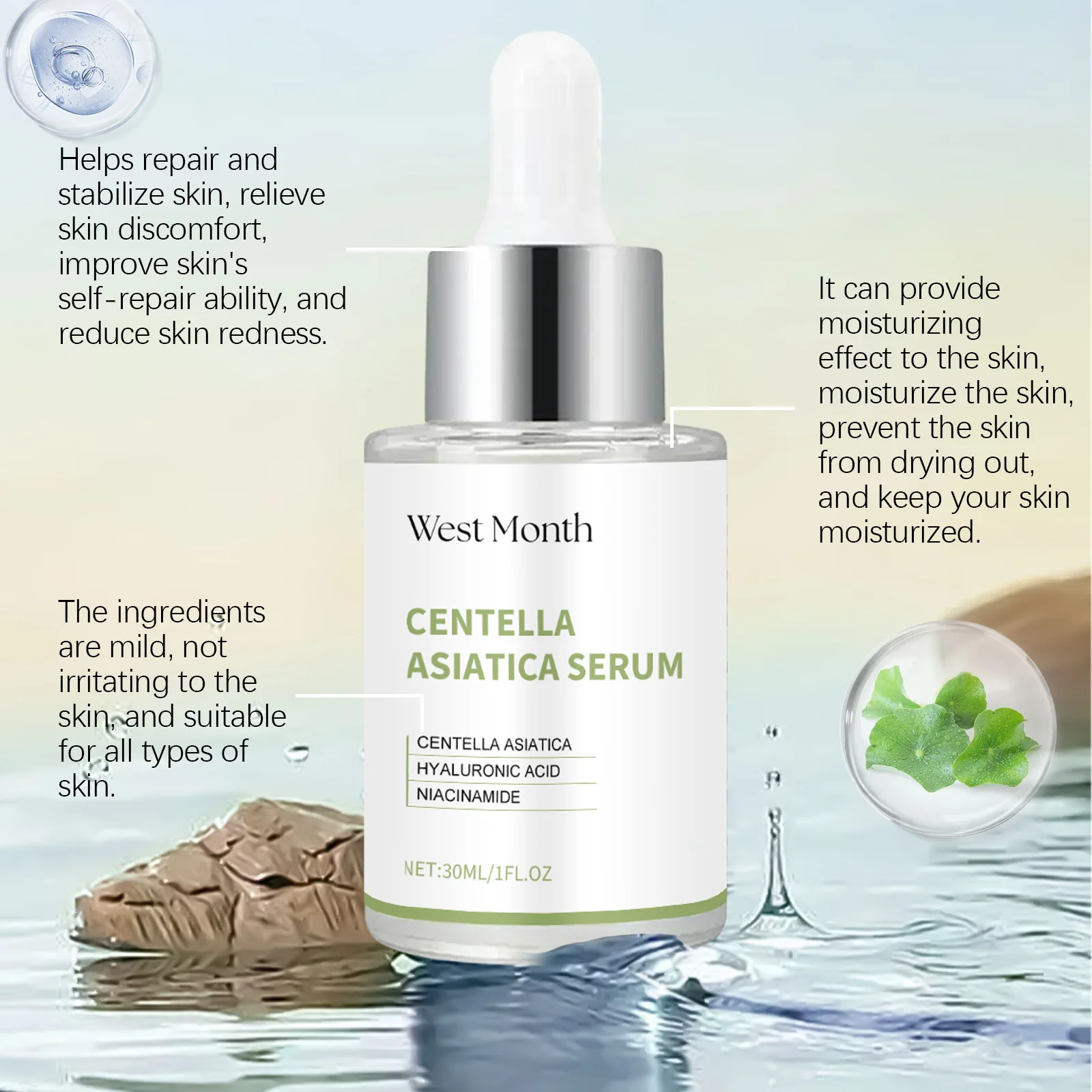 WEST MONTH Organic Face Skin Smoothing Moisturizing Hydrate Brightening Repair Strengthen Organic Centella Asian Extract Serum