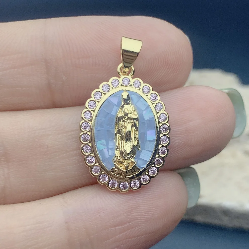 LOTOS Jewelry Oval Medal 14k oro laminado Religion Virgin Pendants Zircon colour Shell Charms Necklace