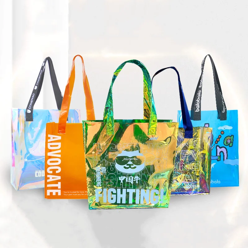 Custom Logo Women Clear Shoulder Bags Waterproof Jelly Laser Holographic Iridescent Pvc Beach Tote With Rope Handle