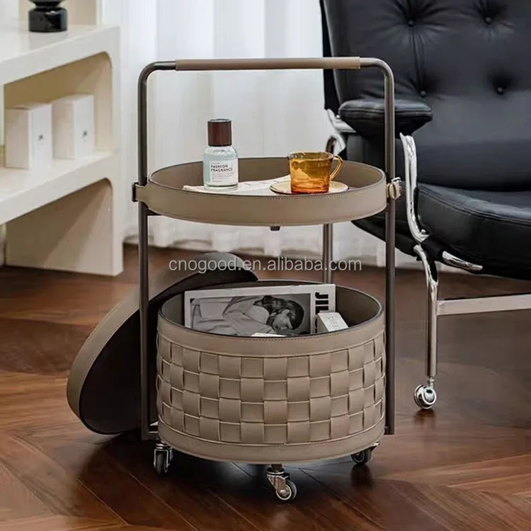 Italian Style Rolling Storage Cart Stainless Steel Saddle Leather Bedside Table Modern Luxury Can Move The Sofa Side Table