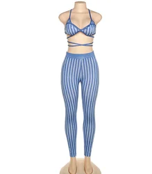Casual women suits street wear 2022 summer fashion bandage crop bra top with tight stretch striped legging pants 2 Piece set