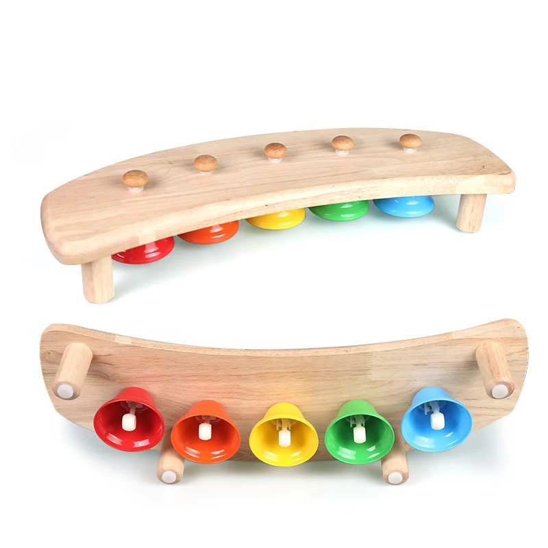 Hot Selling Kids Wooden Music Educational Toys Bells Percussion 5-Tone Bell With Wood Metal Bells Wholesale