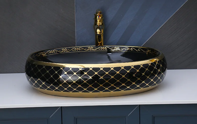 Luxury Royal Vintage Colour Washbasin Countertop Ceramic Toilet Art Basin Bathroom Sink Gold and Black Hand Wash for