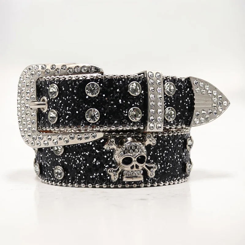 Новый дизайн ретро Западный стиль белые вязаные ремни алмазные сверкающие гибкий пояс с черепом PU большой пряжкой уличный ремень