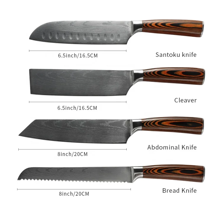 Wholesale Price 8pcs Sharp Japanese Chef Knives Stainless Steel Damascus Santoku Kitchen Knife Set  Wooden Handle