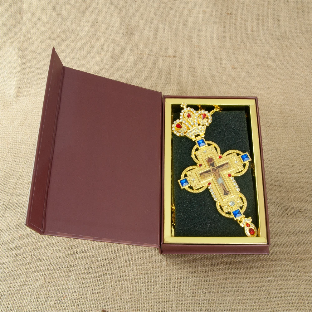 Luxury Greek Gold Plated Alloy Orthodox Pendant Gold Plated Russian Pectoral Cross Jesus Icon Necklace for Priest with Gift Box