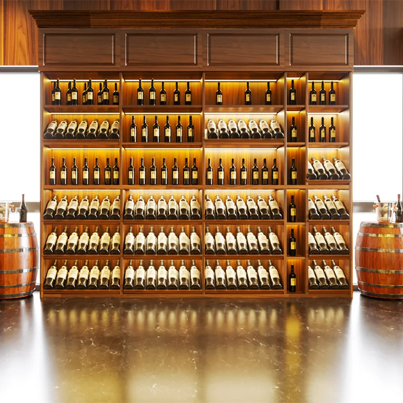 Retail Wine Shop Interior Display Decoration Wine Store Custom Wooden Metal Wall Mounter Wine Sheif Smoke Display Stand