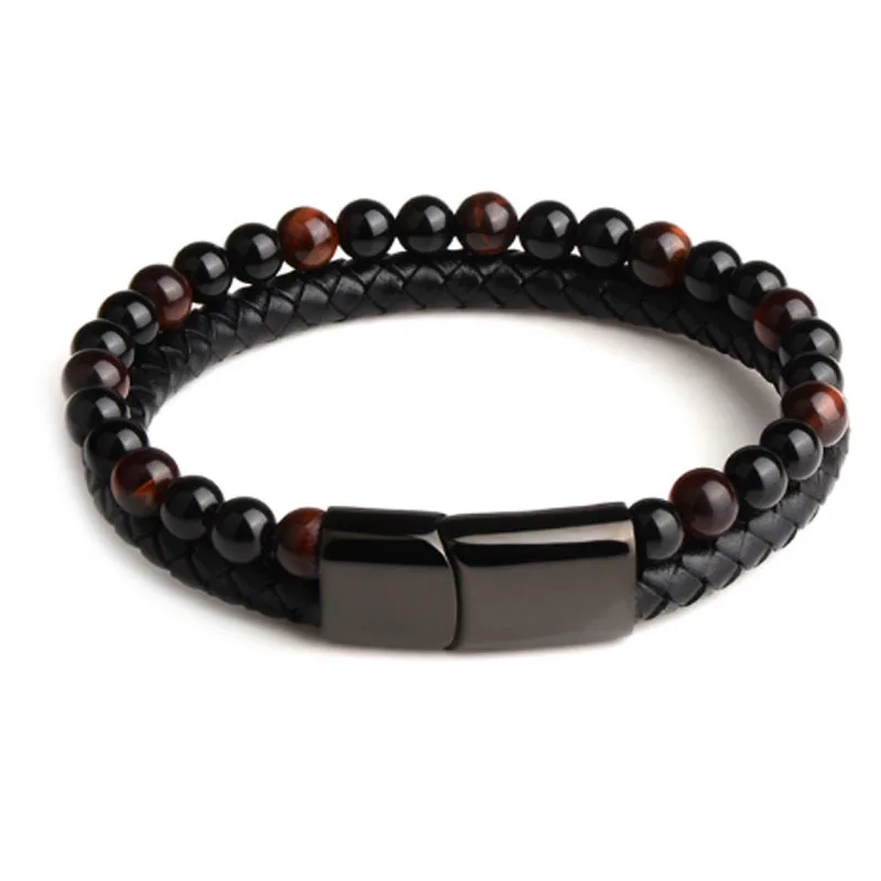 Punk Tiger Eye Lava Men Natural Stone Bead Stainless Steel Magnetic Clasp Black Genuine Leather Bracelet