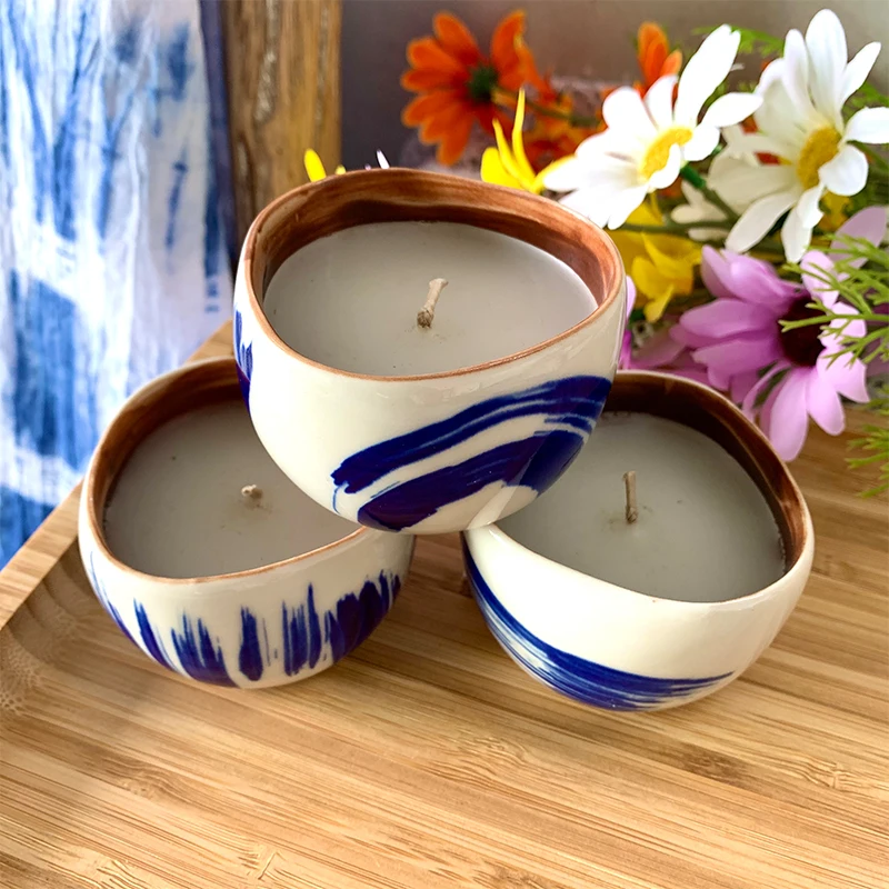 modern hand-painting blue design ceramic candle holder home decor candle cup