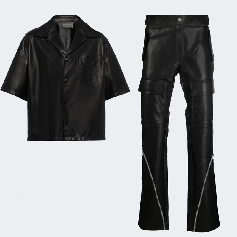 Custom Logo Leather Set Black Men Pockets Zip Up Overalls Mens 2 Piece Leather Set Shirt And Pants Set